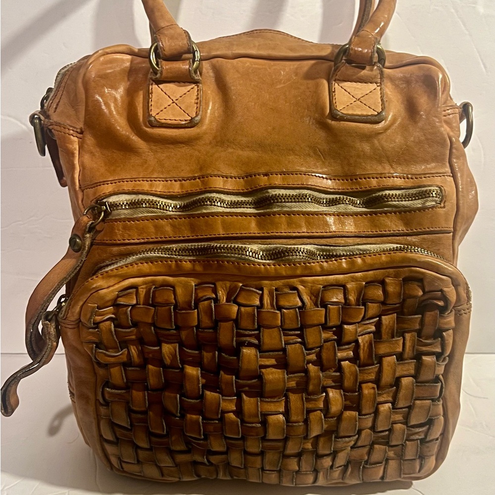 Woven Leather Handbag - Tan